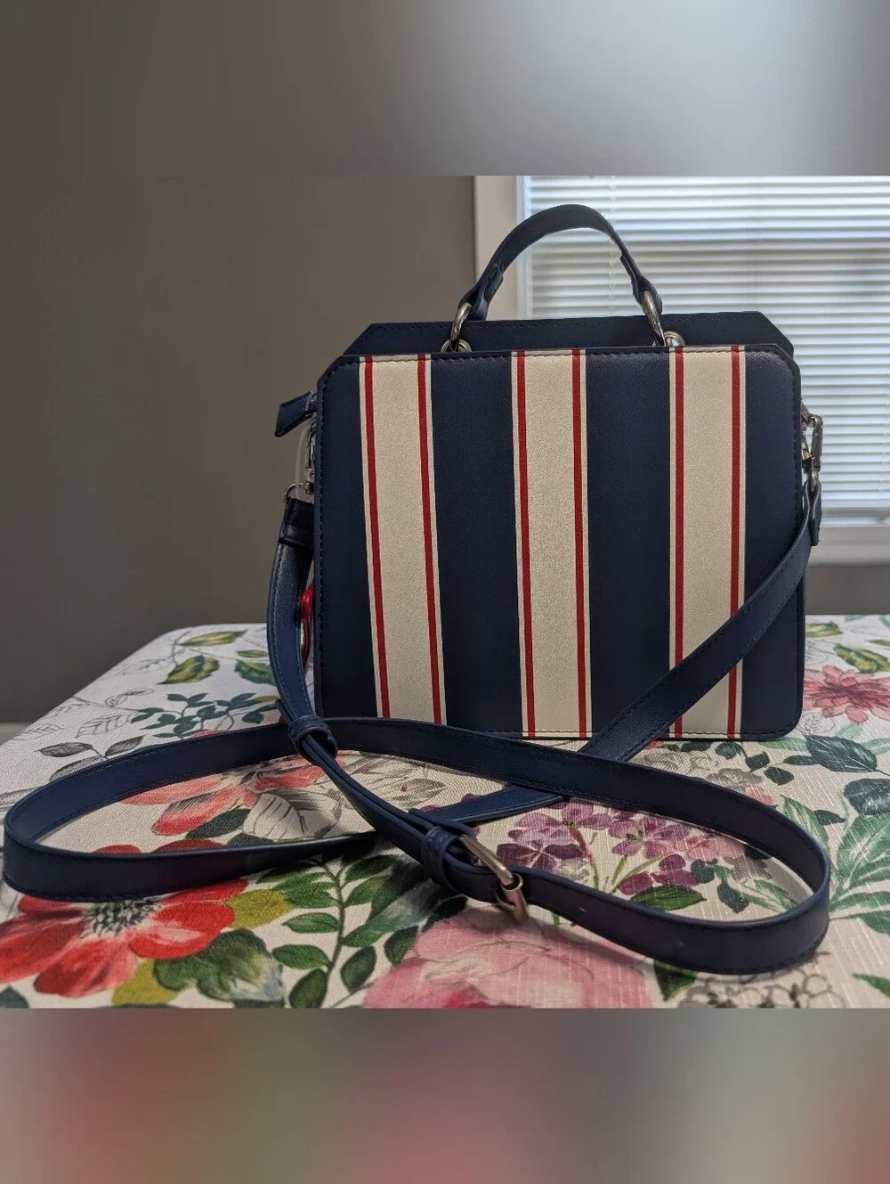 Steve Madden Navy, White & Red Striped Top-Handle Satchel with Red Star Charm